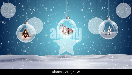 Image de neige tombant sur la décoration de noël avec des boules Banque D'Images