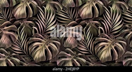 Motif tropical sans couture avec feuilles de palmier, feuilles de monstère, dégradé rose doré.Illustration 3D sombre vintage dessinée à la main.Papier peint de luxe glamour Banque D'Images