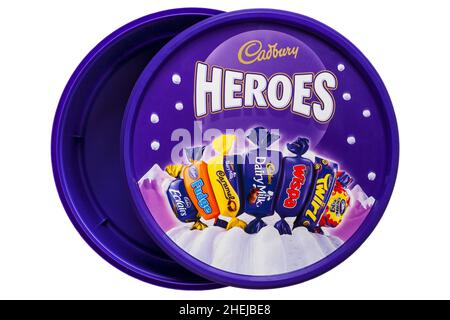 Bac vide de chocolats Heroes bonbons isolés sur fond blanc - couvercle enlevé tout parti Banque D'Images