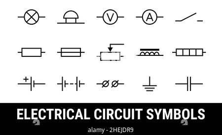 Jeu de symboles de circuit électrique.Eléments d'icônes plats.Lampe, ampèremètre et voltmètre, cloche, borne, résistance et batterie, élément chauffant, électrovanne Illustration de Vecteur