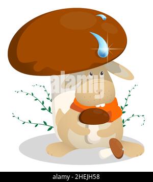 Le petit lapin drôle est assis sous un gros champignon porcini, se cachant de la pluie printanière.Symbole de Pâques et 2023 en calendrier chinois.Vecteur enfant illust Illustration de Vecteur