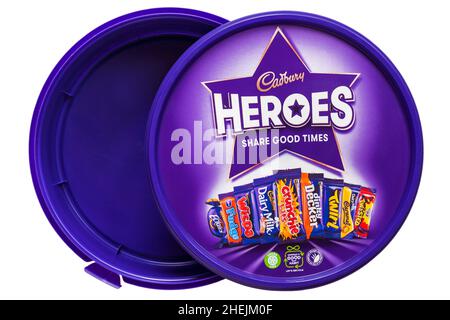 Bac vide de chocolats Heroes bonbons isolés sur fond blanc - couvercle enlevé tout parti Banque D'Images