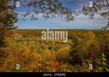 La vue de Gardeau donne sur la rivière Genesee pendant qu'elle serpente dans la vallée de la rivière Genesee au parc national de Letchworth pendant la couleur des feuilles d'automne Banque D'Images