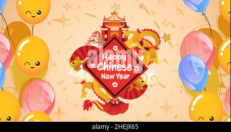 Image du texte chinois du nouvel an avec temple et ballons sur étoiles et confetti sur orange Banque D'Images