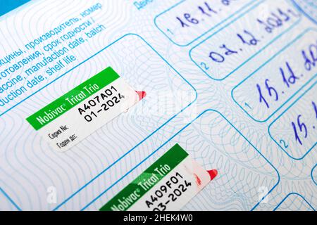 Bélarus, Novopolotsk - 11 janvier 2022 : passeport vétérinaire avec timbre-vaccin nobivac en gros plan Banque D'Images