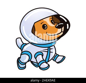 Adorable astronaute de chien au gingembre en costume d'espacement.Illustration vectorielle isolée sur fond blanc en style de dessin animé plat, autocollant. Illustration de Vecteur