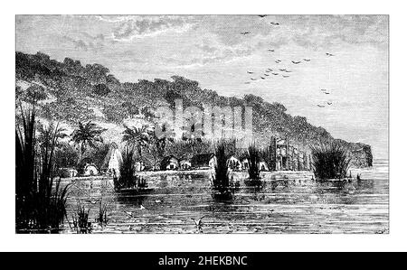 Camp à Kigoma, aux frontières du lac Tanganyika, d'Afrique centrale, du Japon et de Fidji publié en 1882 par Hodder & Stoughton, Londres Banque D'Images