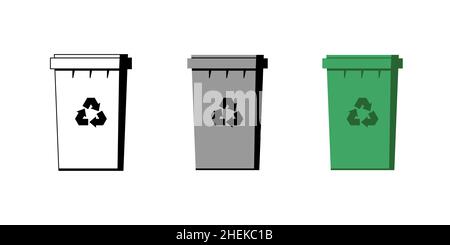 Ensemble de contenants gris, noir et vert pour le tri des déchets.Poubelles avec icône de recyclage.Ensemble isolé de poubelle à ordures.Symbole d'utilisation de la gestion des déchets.Enregistrer l'environnement et le vecteur écologique eps Illustration de Vecteur