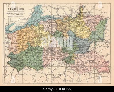 Carte antique DU COMTÉ DE LIMERICK.Munster.Irlande.JOYCE 1905 ans Banque D'Images