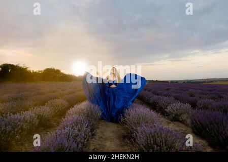 Provence, France.Charmante jeune femme dans des champs de lavande fleuris à l'aube.Jolie dame dans une magnifique robe. Banque D'Images