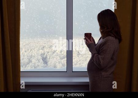 La femme enceinte se tient à une fenêtre d'hiver avec des arbres dans la neige.Une femme avec une tasse de café regarde par la fenêtre avec une chute de neige derrière le verre Banque D'Images