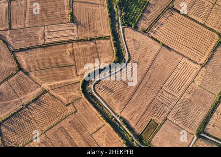 Vue aérienne des champs agricoles arides avec canal d'irrigation dans les terres agricoles à la campagne Banque D'Images