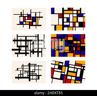 Six compositions géométriques abstraites, peintures rétro vintage de style Piet Mondrian Illustration de Vecteur