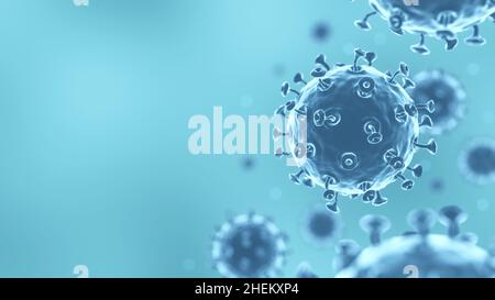 COVID-19 le virus Corona avec la glycoprotéine Spike flotte dans l'air et la zone de l'espace de copie à gauche pour le texte de remplissage .Arrière-plan de couleur bleue .3D fin Banque D'Images