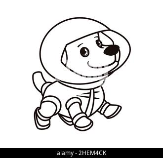 Livre de coloriage : mignon chien astronaute en combinaison spatiale.Illustration vectorielle isolée sur fond blanc en style de dessin animé plat, autocollant. Illustration de Vecteur