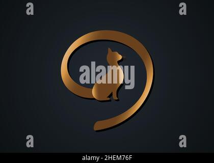 Silhouette de chat doré avec queue courbeuse, modèle de logo rond d'animal félin doré, illustration vectorielle isolée sur fond noir Illustration de Vecteur