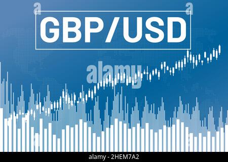 Graphique paire de devises GBP, USD sur fond bleu de finance à partir de colonnes, chandeliers, carte du monde.Concept de marché financier Illustration de Vecteur