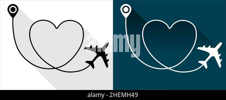 Love Travel concept Illustration: Un avion dans le ciel bleu foncé laisse un sentier noir et blanc en forme d'amour des lignes de voyage. Illustration de Vecteur