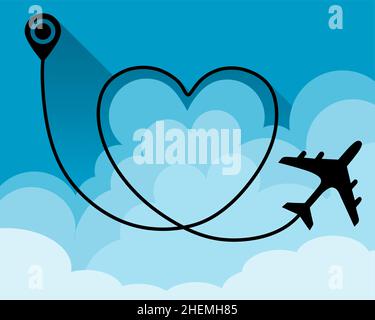 Love Travel concept Illustration: Un avion dans le ciel bleu foncé laisse un sentier de voyage en forme d'amour. Illustration de Vecteur