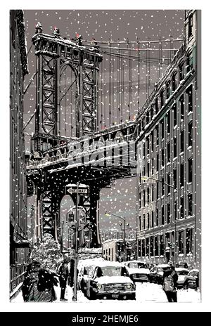 Vue sur le pont de Manhattan depuis brooklyn sous la neige - illustration vectorielle (idéale pour l'impression sur tissu ou papier, affiche ou papier peint, décoration de maison) Illustration de Vecteur