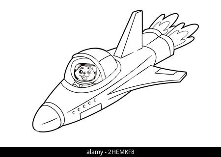 Livre de coloriage : le chien astronaute du pug vole sur une navette spatiale parmi les étoiles.Illustration vectorielle de style dessin animé, dessin au trait noir et blanc Illustration de Vecteur