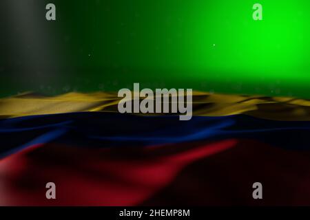 Illustration du drapeau de la fête 3D - illustration sombre du drapeau de la Colombie se trouve sur fond vert avec un foyer sélectif et de l'espace libre pour votre contenu Banque D'Images