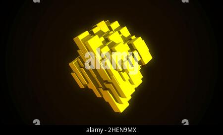 Coeur abstrait de couleur jaune fait de petits blocs rectangulaires en mouvement tournant isolé sur fond noir, boucle sans couture.Concept de technologie. Banque D'Images