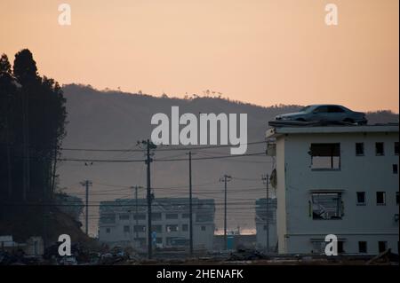 Minamisanriku 6 mois après le tsunami de 2011 a balayé la ville de Tohoku, montrant la dévastation dans les zones de basse altitude. Banque D'Images