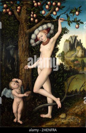 Vensu le gardien de l'amour (appelé Aphrodite par les Grecs) avec la peinture Cupid de Lucas Cranach Banque D'Images