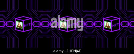 NFT jetons non fongibles art et objets de collection, utiliser la technologie blockchain pour créer des objets numériques uniques pour l'art crypto, cryptocollectable Banque D'Images