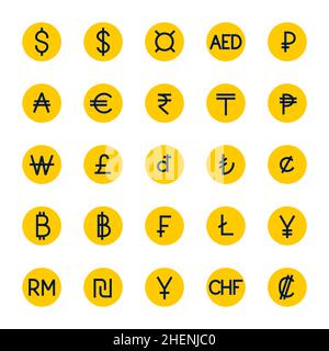 Jeu de symboles de devises.25 principales devises mondiales.Icônes de contour modifiables en couleur Illustration de Vecteur