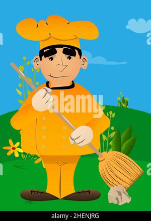 Gros homme dessin animé chef en uniforme tenant un balai.Illustration vectorielle. Illustration de Vecteur