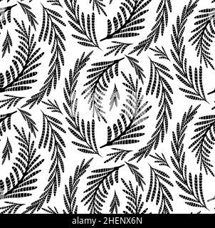 Motif vectoriel monochrome sans couture avec fenouil herbacé.Tissu avec champs d'herbe.Papier peint avec branches noires de l'aneth sur fond blanc.Natu Illustration de Vecteur