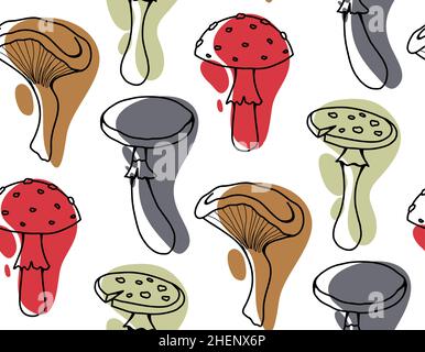 Motif vectoriel sans couture avec croquis stylisés de champignons toxiques avec taches de couleur.Amanita et faux champignons.Texture du papier peint.Arrière-plan Illustration de Vecteur