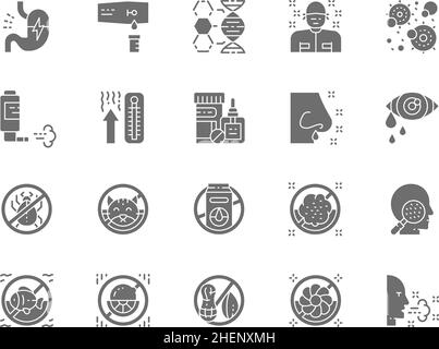 Ensemble d'icônes grises d'allergie et d'allergènes.Patient, microbes, vaporisateur d'inhalation, thermomètre, médicaments médicaux,Problèmes de peau et plus.Lot de 48 x 48 pixels Illustration de Vecteur