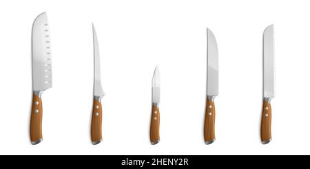 Couteaux de chef pour cuisiner, couper et sculpter des aliments.Outils de cuisine avec lames tranchantes en acier et poignées en bois.Ensemble vectoriel réaliste de 3D couteaux métalliques différents types isolés sur fond blanc Illustration de Vecteur