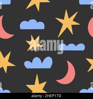 Motif enfant simple sans couture avec étoiles, lune et nuages dans un style moderne sur fond noir Illustration de Vecteur