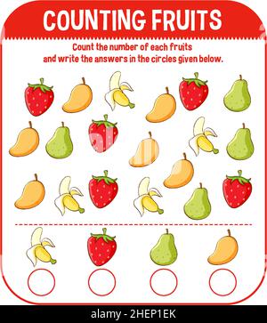 Modèle de jeu mathématique avec illustration du comptage des fruits Illustration de Vecteur