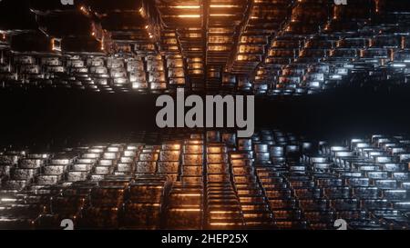 3D illustration du tunnel en cubes d'acier, couloir futuriste abstrait, tunnel géométrique sans fin, rendu 3D Banque D'Images