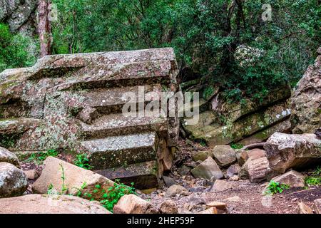 Sawn Rocks est un mur imposant de tuyaux pentagonaux de basalte.Un rappel emblématique du passé volcanique de Kaputar, situé dans le parc national du Mont Kaputar. Banque D'Images