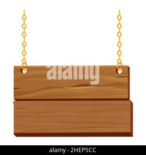Cadre en bois suspendu avec chaîne dorée, panneau en style dessin animé isolé sur fond blanc.Planches de bois texturées, décoration.Actif de jeu d'interface utilisateur.Illustration vectorielle Illustration de Vecteur