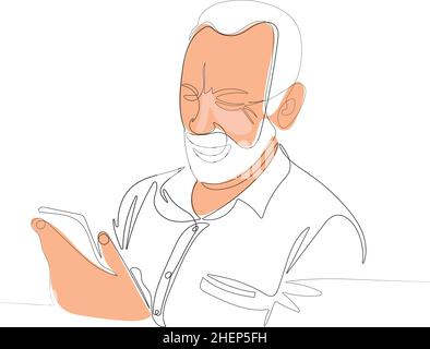 Un jeune homme barbu souriait à l'aide d'un smartphone Illustration de Vecteur