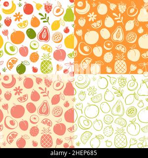 Collection printanière à motifs sans couture aux fruits.Silhouette plate colorée et style doodle.Illustration vectorielle. Illustration de Vecteur