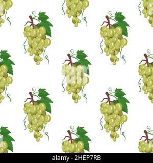 Motif sans couture avec des raisins blancs sur des branches avec des baies et des feuilles.Imprimé sucré et sain, fond de dessert délicieux et sain.Illustration vectorielle plate Illustration de Vecteur