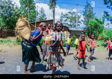 Femmes éthiopiennes rentrent de la chaleur sur la route rurale et s'élancent aux touristes Banque D'Images