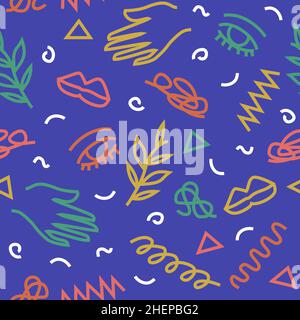 Mi-siècle abstrait scribble formes sans couture répétition de motifs sur bleu Illustration de Vecteur