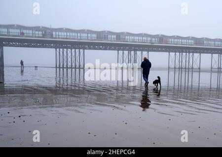 2022 janvier - Marche matinale pour chiens sur la plage lors d'une journée de brouillard à Weston super Mare Banque D'Images