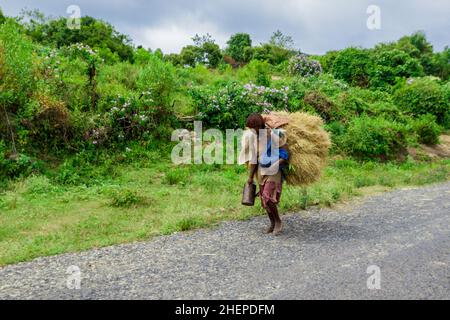 Tribu de Hamer fatiguée les femmes qui reviennent du travail agricole par la route rurale verte Banque D'Images