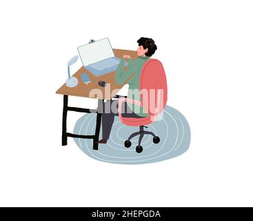 Personnage de dessin animé plat utilisant l'ordinateur, l'apprentissage en ligne et le concept d'illustration de vecteur de travail freelance Illustration de Vecteur