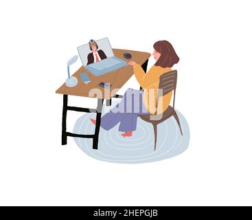 Personnage de dessin animé plat lors d'une réunion d'affaires en ligne, applications de visioconférence utilisant le concept d'illustration vectorielle Illustration de Vecteur